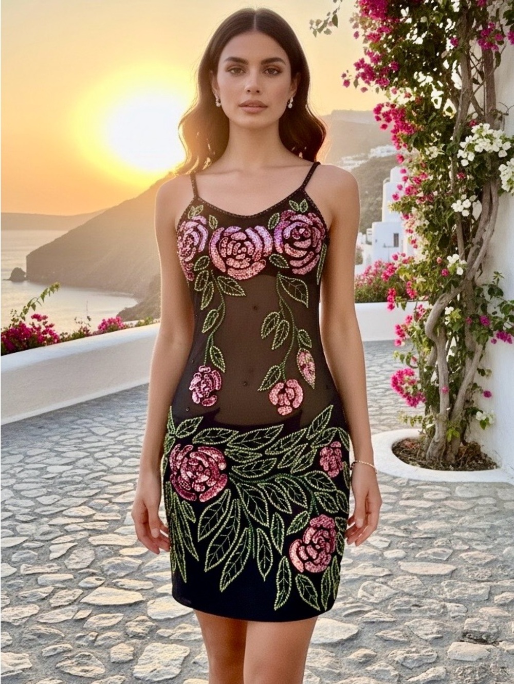 Black hand beaded Sequin Slip Dress Pink‎ Roses stretch mini or midi your choice